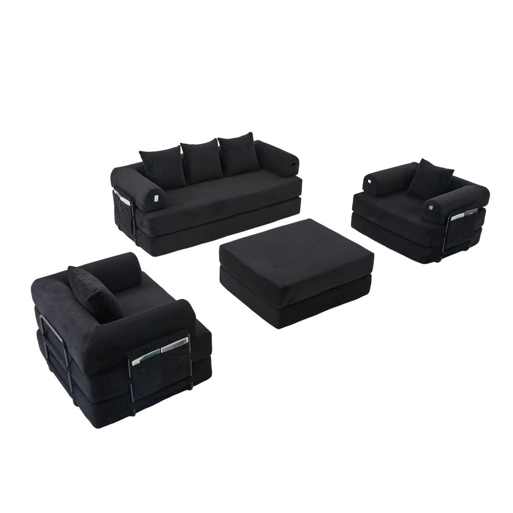 Set divano modulare 3 posti con poltrona e pouf in velluto a coste nero
