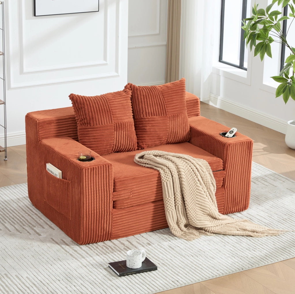 DIVANO Pouf 151x133x64 cm in velluto a coste arancione con 2 cuscini