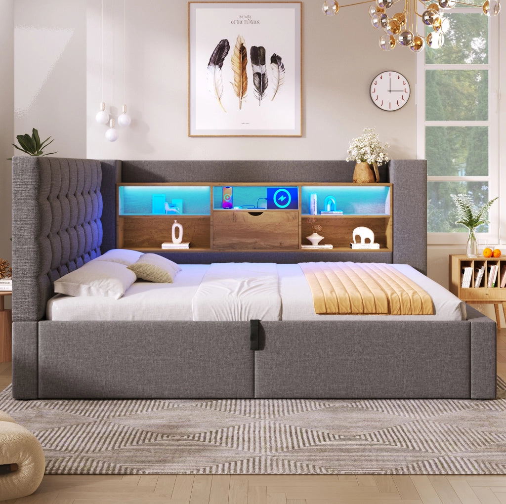 Letto singolo imbottito 90x200 cm con spazio contenitivo, illuminazione LED e materasso H3 a 7 zone