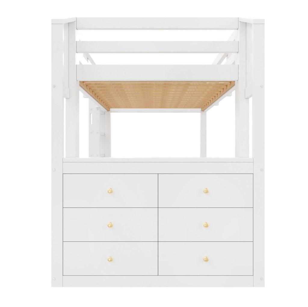 Letto a soppalco 90x200 cm con 3 cassetti; ripiani e LED; bianco