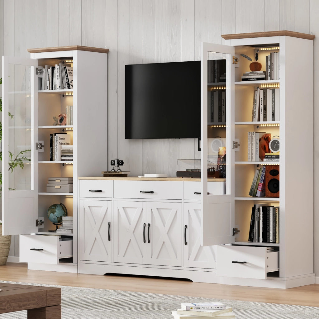 Vetrina Moderna LED Bianca Opaca 178 cm con USB, Mobile Espositivo in Truciolato e Vetro Temperato con Cassetto e 5 Ripiani