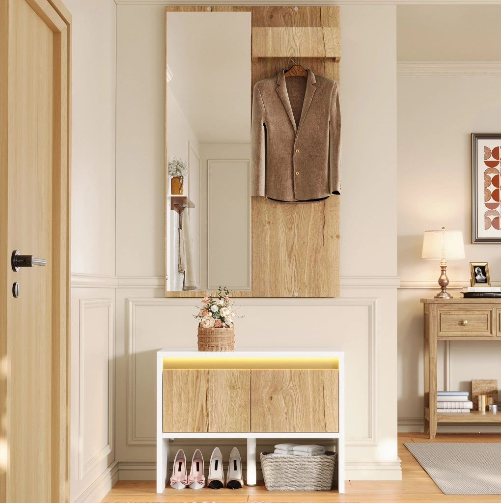 Set appendiabiti con specchio, panca porta scarpe e 2 cassetti, 60×38×145 cm, bianco e naturale