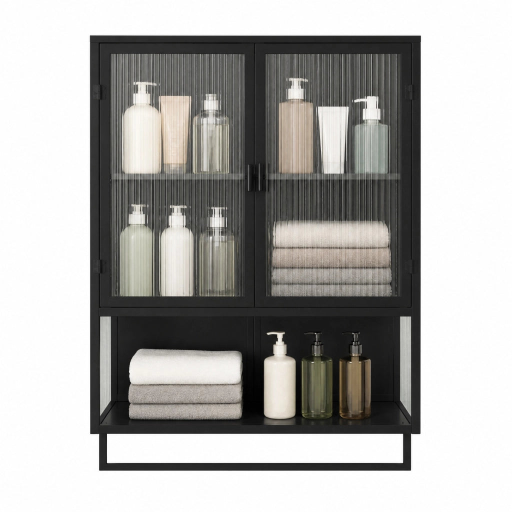 Mobiletto pensile 60x23x78 cm con 2 ante in vetro scanalato; ripiano e porta asciugamani nero HOMVRA