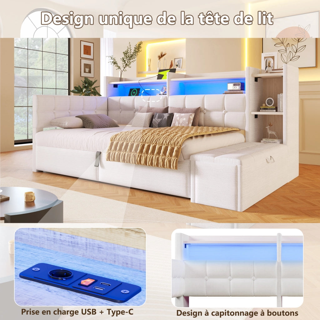Letto da Giorno 90x200 cm in velluto con Contenitore Idraulico; Panca Contenitore; LED; USB-C; Ripiani Bianco