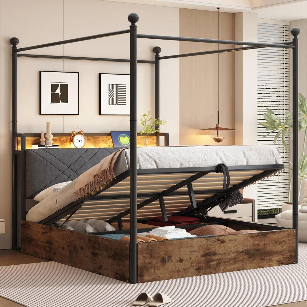 Letto matrimoniale 140 × 190 cm 2 posti; contenitore idraulico; LED regolabile e USB Type-C; senza materasso; nero