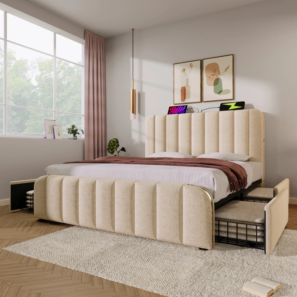 Letto imbottito 140x200 cm beige con materasso H3, 4 cassetti, USB e Type-C