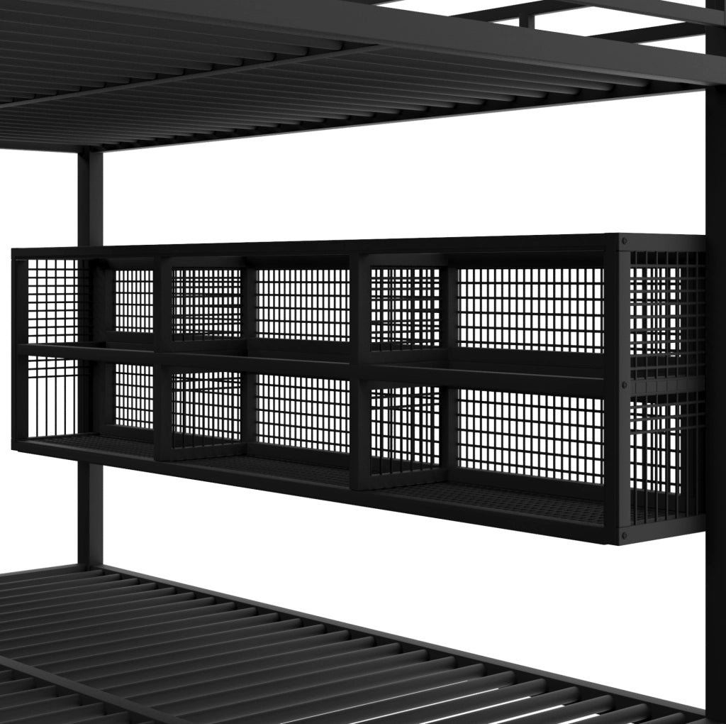 Letto a castello 140x200 cm in metallo nero con 6 armadietti e LED HOMVRA