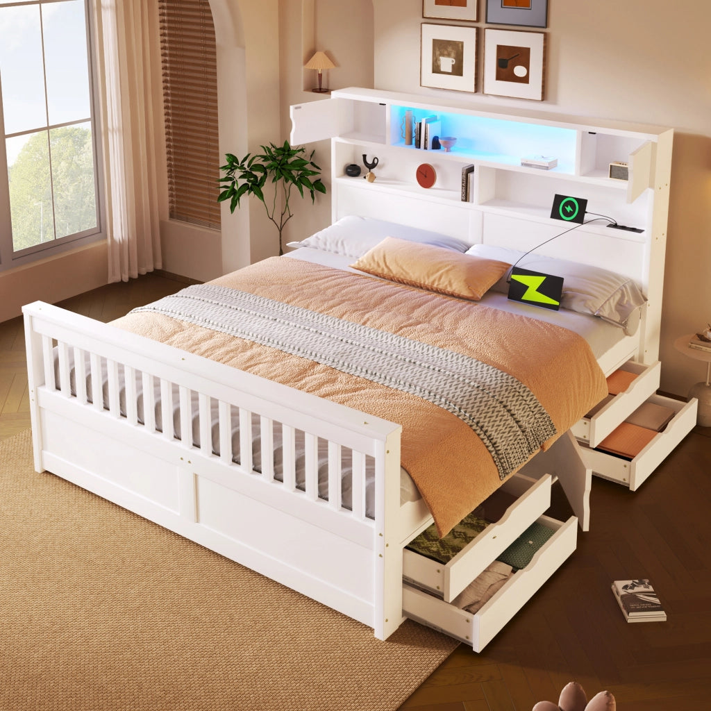 Letto con cassetti 160 × 200 cm con testiera libreria LED quattro cassetti in MDF e compensato bianco