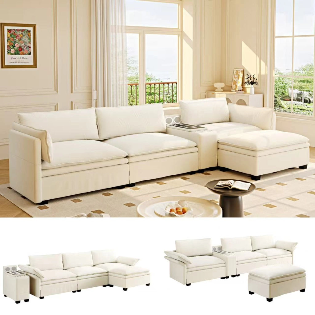 Divano modulare 4 posti a L 315 cm in ciniglia beige/bianco con ottomana e console