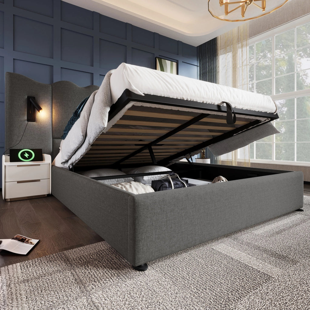 Letto contenitore 180 × 200 cm con testiera ondulata; luce orientabile; USB e Type-C; lino grigio
