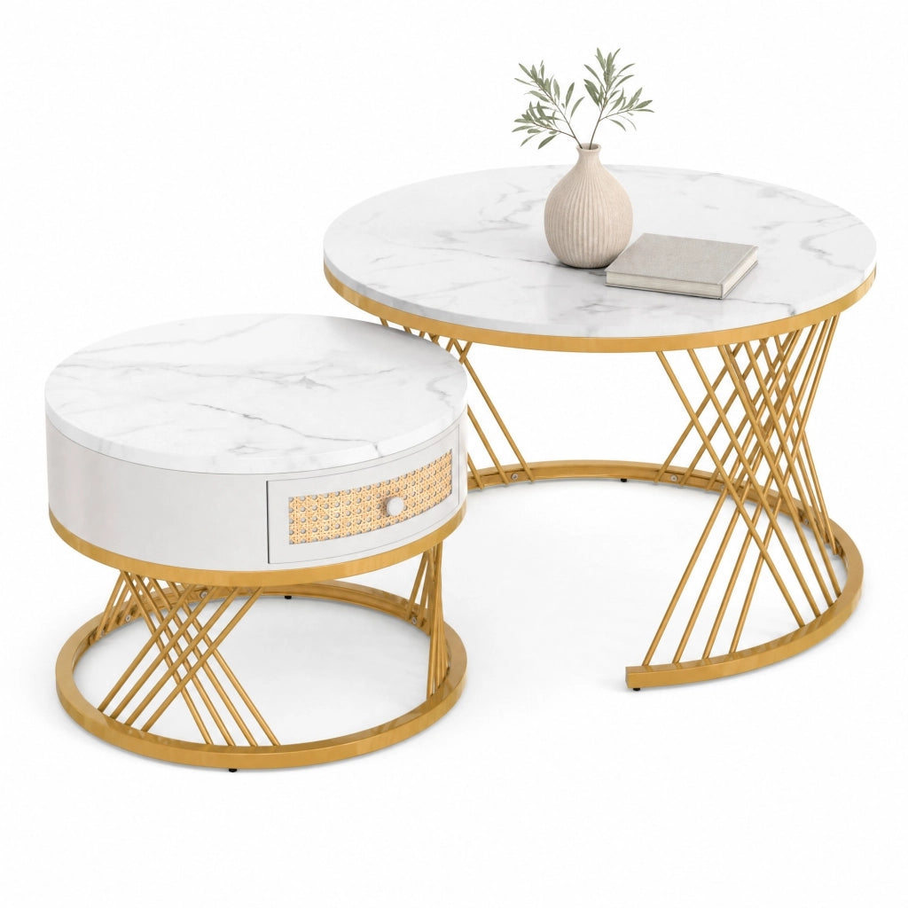 Set di 2 tavolini rotondi in MDF con cassetto; bianco e oro