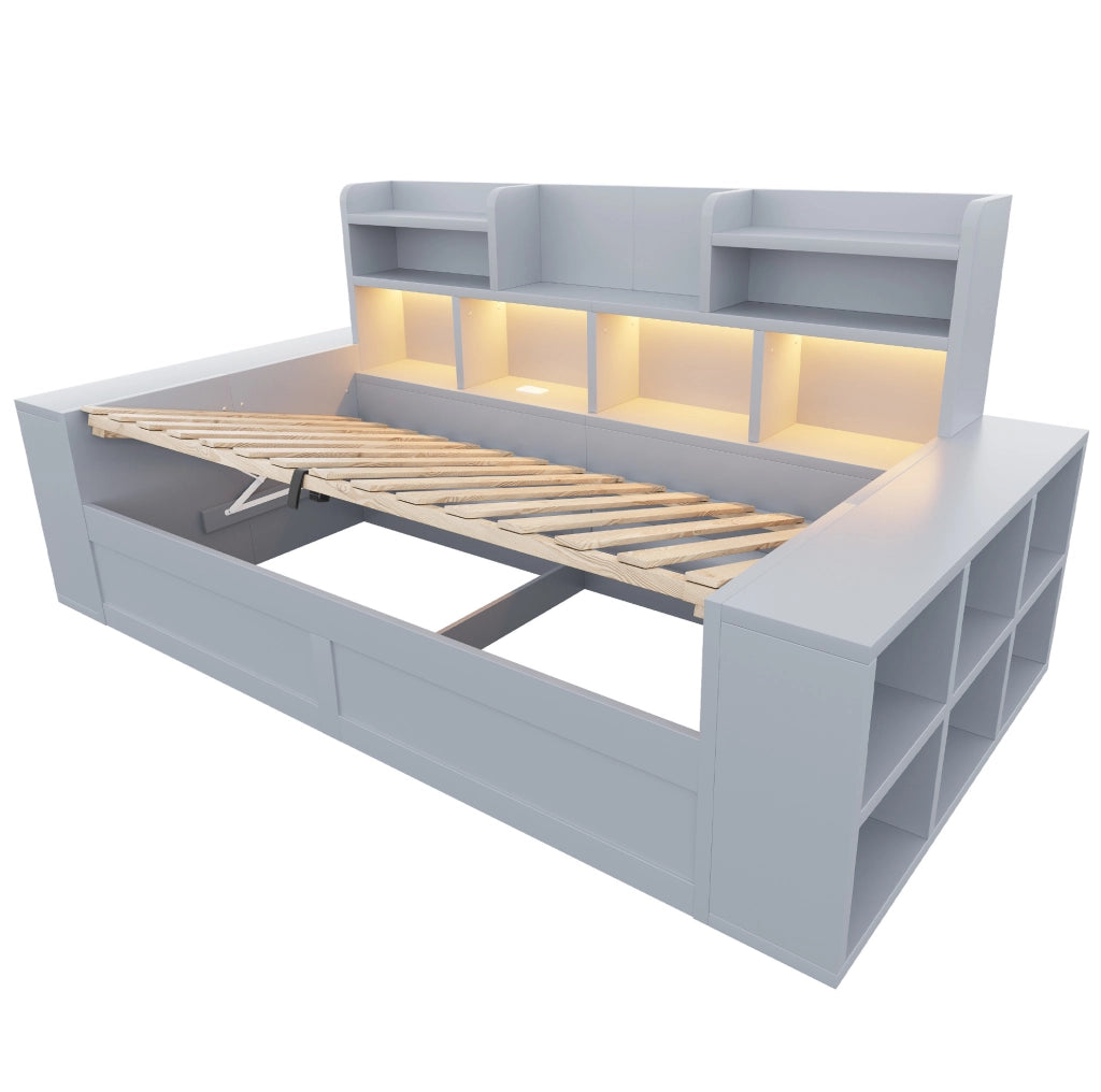 Divano letto 90x200 cm con contenitore idraulico, LED e prese in compensato e MDF grigio