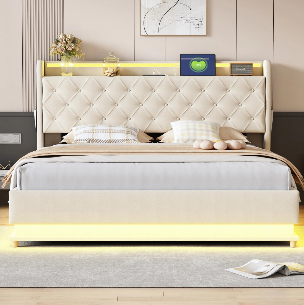 Letto imbottito beige 160x200 cm con LED, USB e vano contenitore