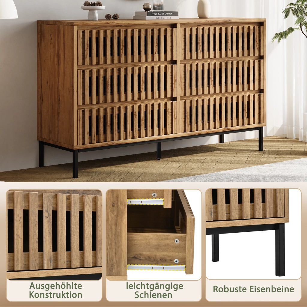 Madia con 6 cassetti e 5 piedi in MDF e pannello truciolare color naturale 120 × 40 × 81 cm