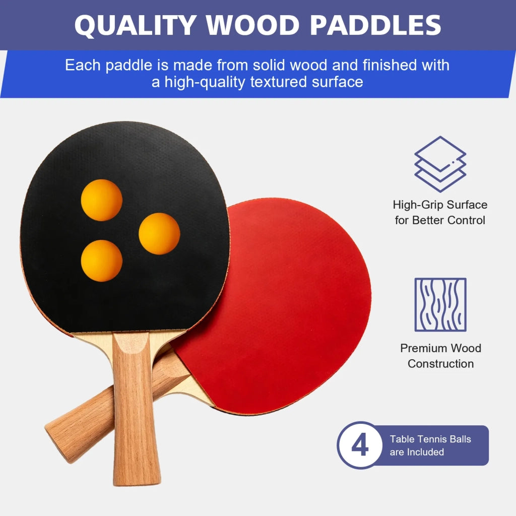 Tavolo da Ping Pong 182 cm, pieghevole e portatile per interni ed esterni. Set con rete, 2 racchette e 3 palline. Piano nero, gambe nere.