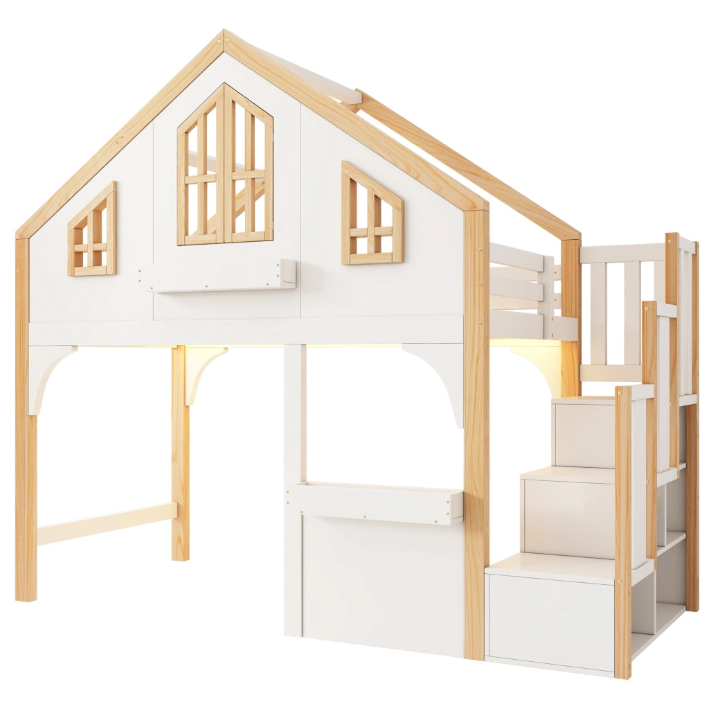 Letto soppalco bimbi 90x200 in legno bianco con LED e scala contenitore