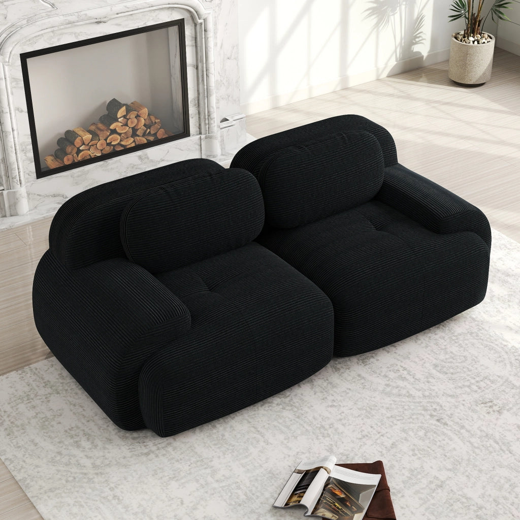 Divano modulare 2 208x103x75 cm; senza telaio con braccioli curvi; seduta antiscivolo ad alta densità; tessuto velluto a coste; nero