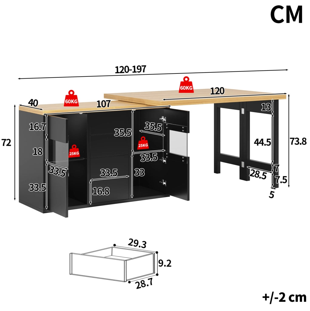 Isola cucina girevole 360° con LED RGB via app; 120-197x40x73;8 cm; MDF nero