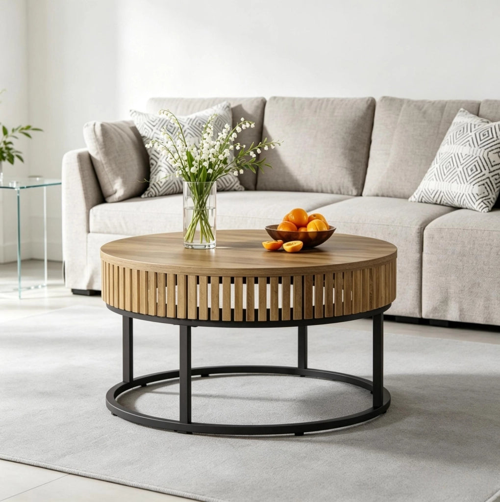 Tavolino rotondo 80x80x45 cm in MDF e metallo nero e marrone