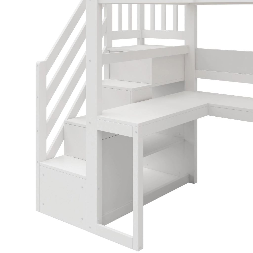 Letto a soppalco 90 × 200 cm con scrivania e scala contenitore in compensato e MDF bianco con LED USB