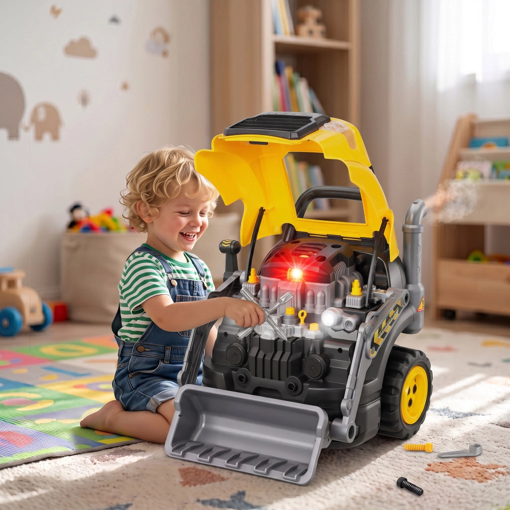 Jouet Moteur de Camion et Pelle pour Enfants, Camion Mécano, Volant, Effet de Brume, Sonores et Lumineux, 3-6 Ans, Jaune