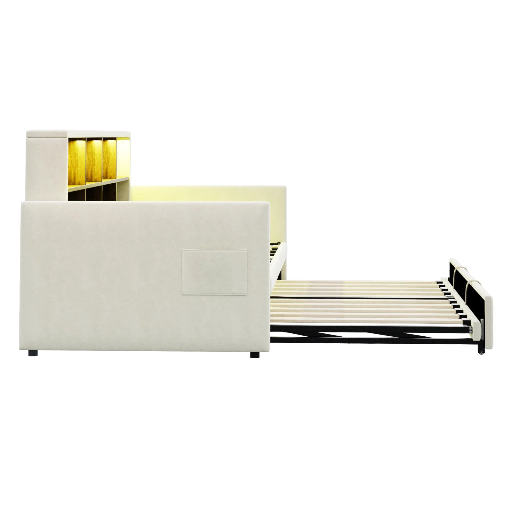 Polsterbett Schlafsofa 90x190 cm mit ausziehbarem Bett, integriertem Staufach, LED-Lichtleiste und Ladeanschlüssen, Samtbezug Beige