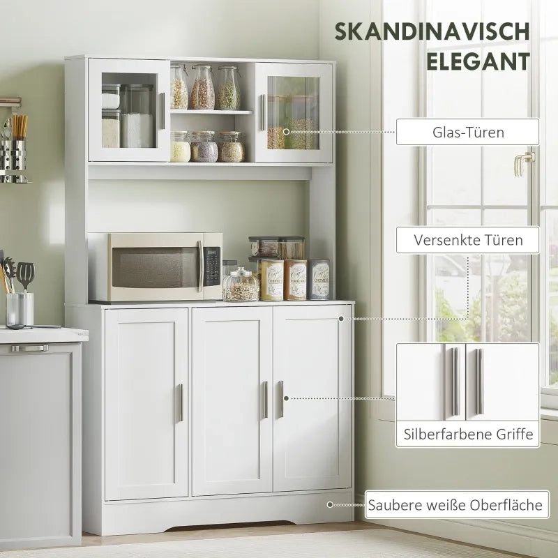 Mobile da cucina design scandinavo, 4 ante con vetri, ripiani regolabili e vano aperto, in truciolato e MDF, bianco