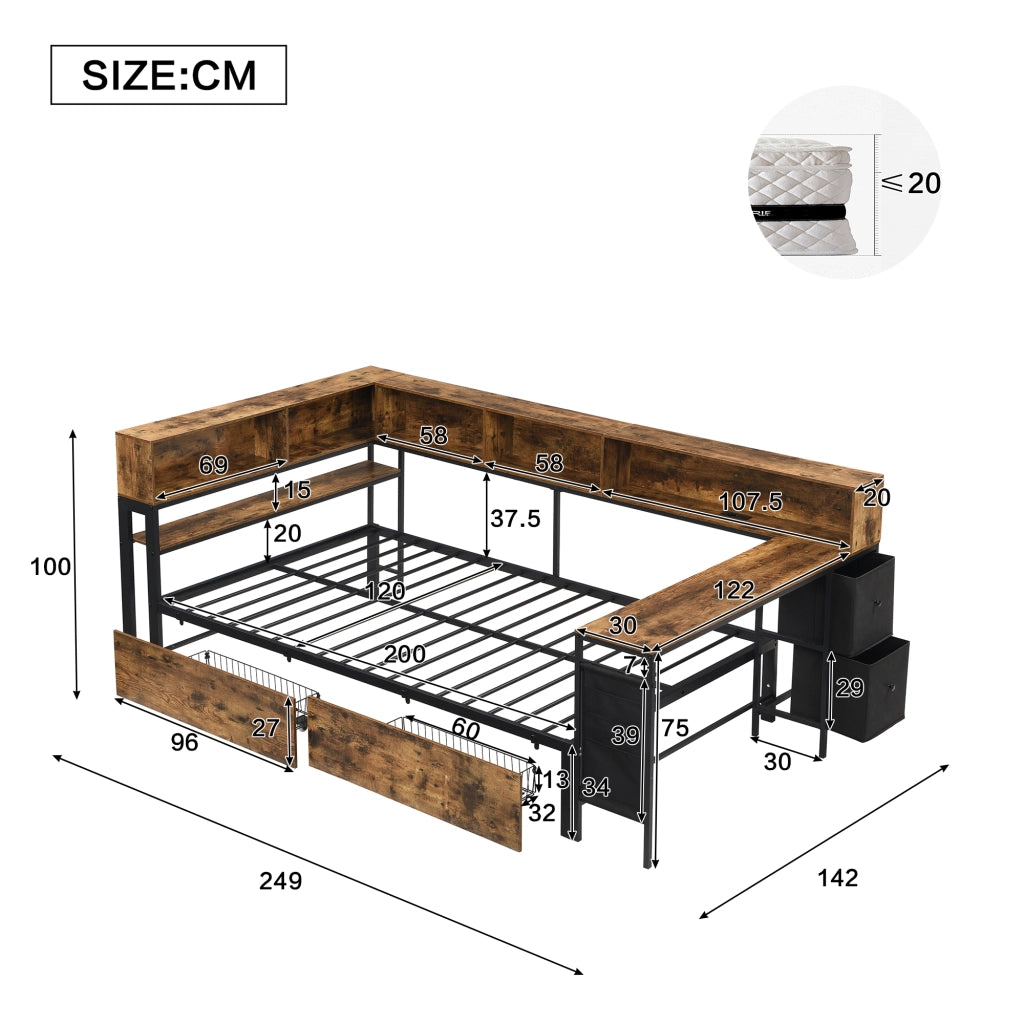 letto metallo legno nero naturale 120 x 200 cm