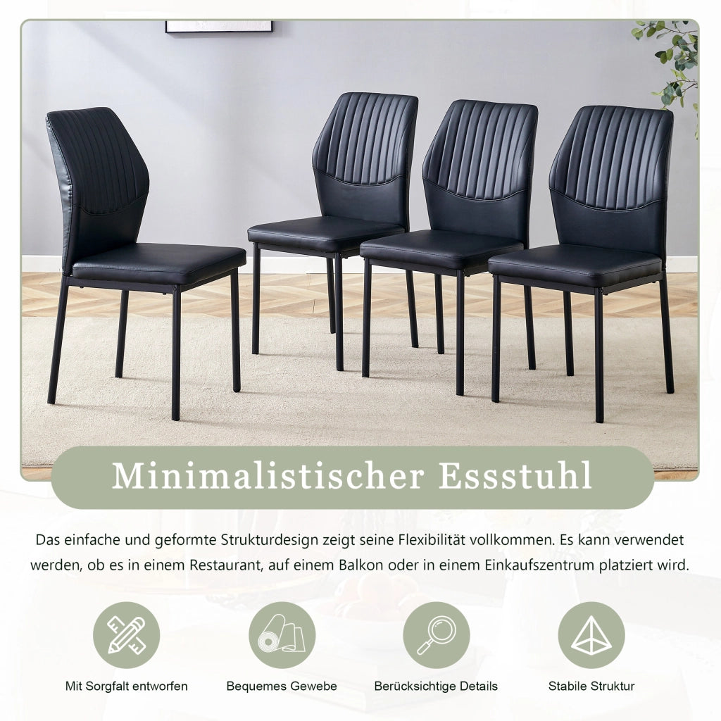 Sedia da pranzo in pu nero con schienale a righe verticali e gambe in metallo, set da 4