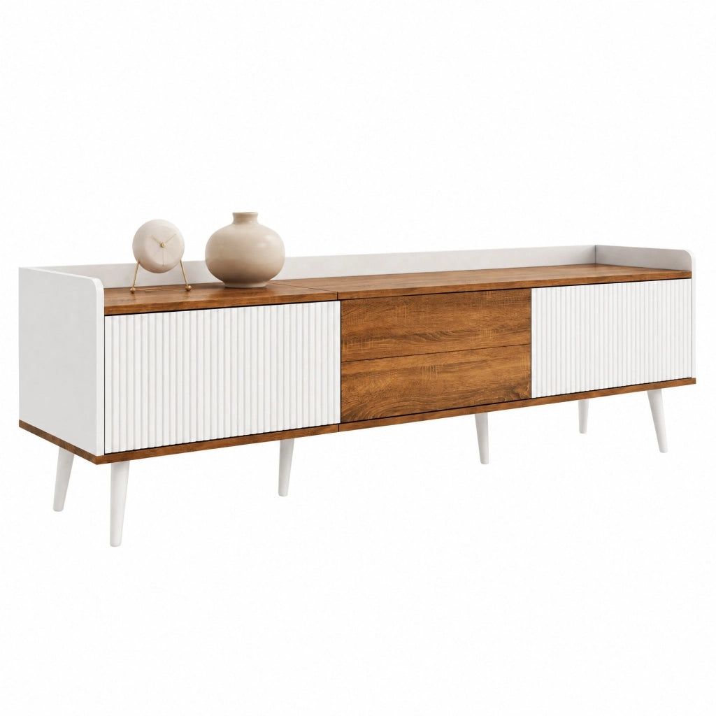 Mobile TV a 3 ante con struttura compatta, finitura bianco e legno naturale, 160 x 39 x 49,5 cm