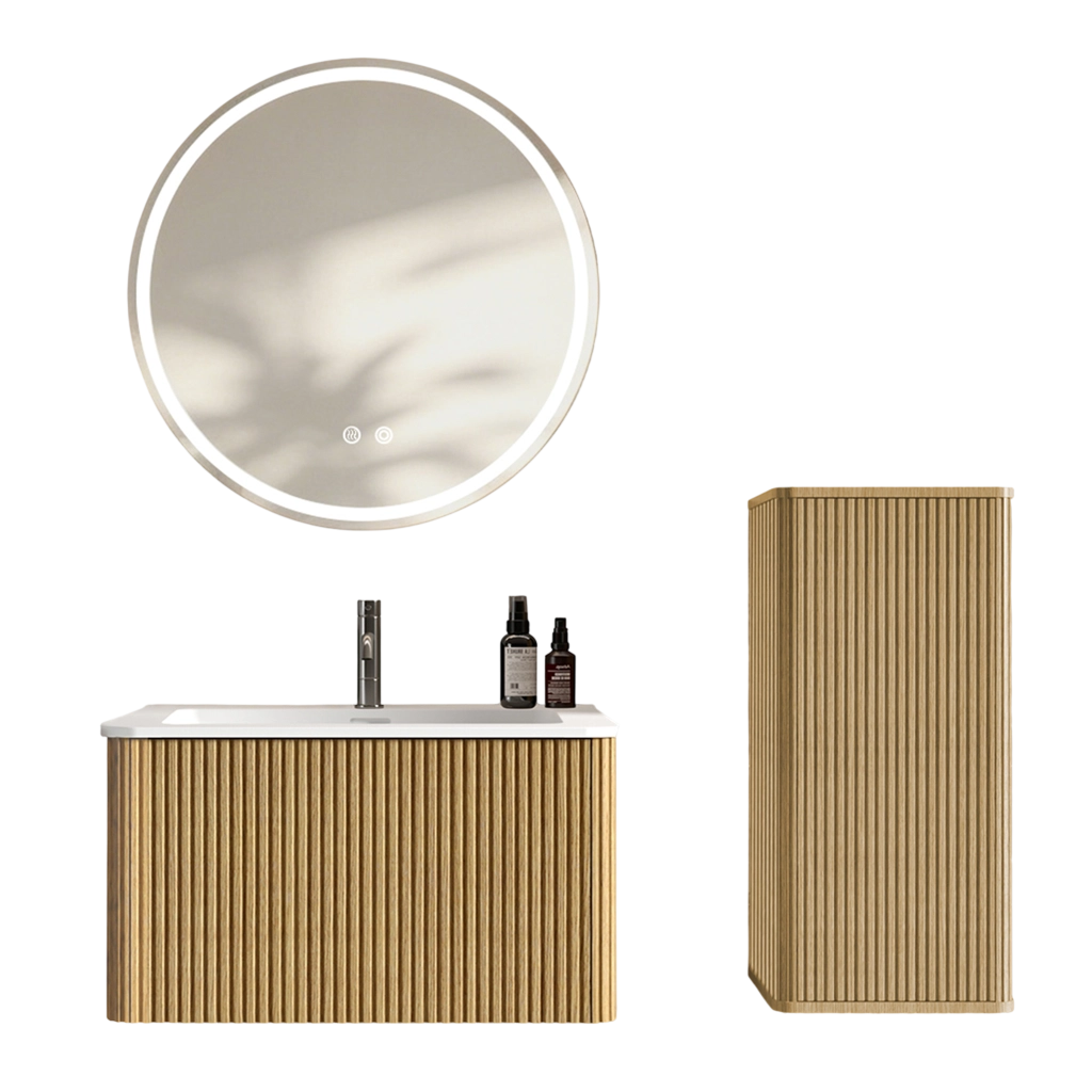 Mobile da bagno con lavabo, specchio LED e colonna - per bagno - in MDF e vetro - rovere