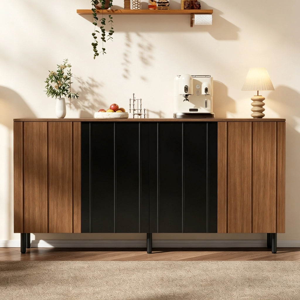 Credenza con 4 ante e ripiani regolabili per cucina e sala da pranzo, in truciolare noce e nero, 160 × 35 × 80 cm