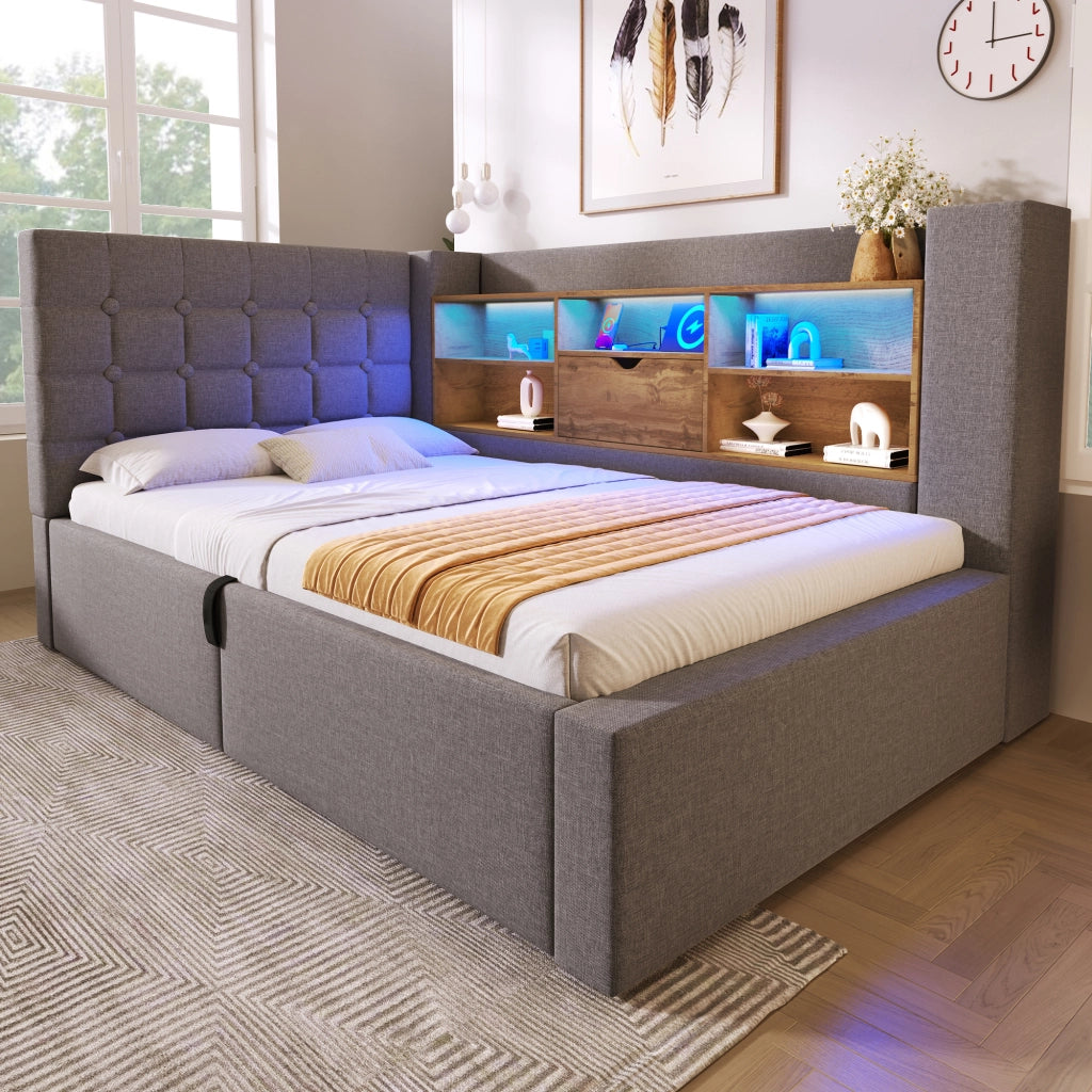 Letto Imbottito Singolo con LED e Contenitore Idraulico ¨C MINIMAL ¨C Testiera L, Tessuto Grigio, 90x200
