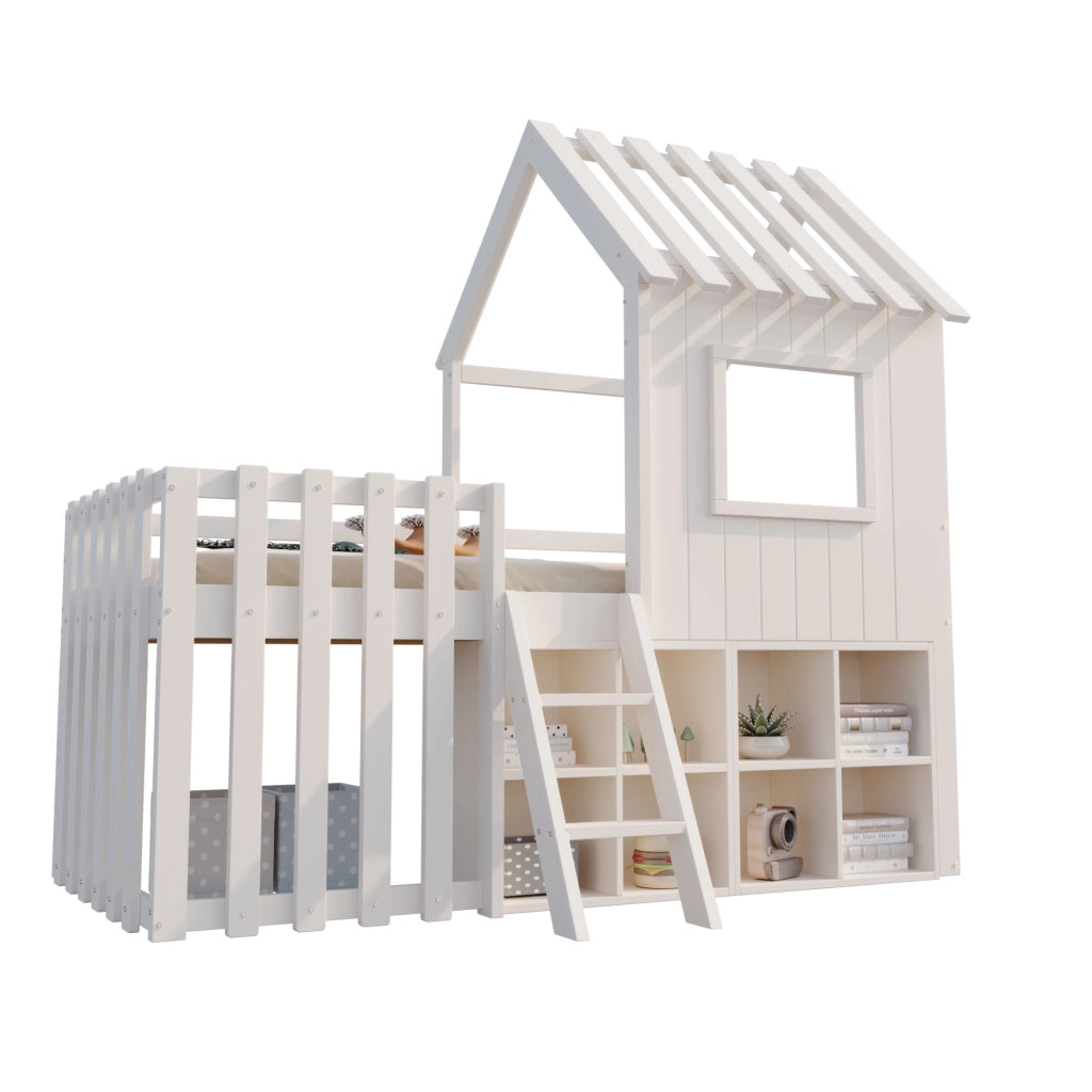 Letto casetta per bambini 90x200 in legno massello; rialzato con scala; contenitore e struttura bianca