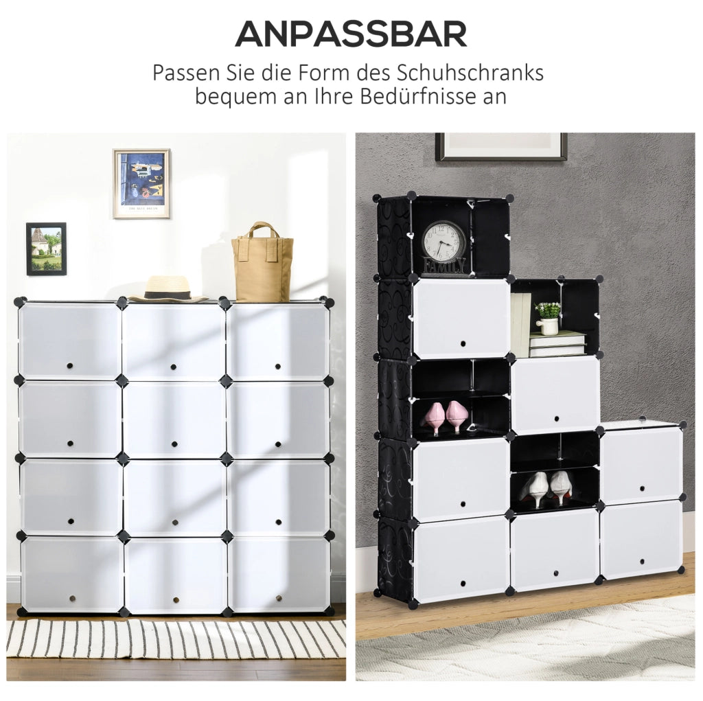 Scarpiera modulare a 12 cubi in plastica nera 125x32x125 cm