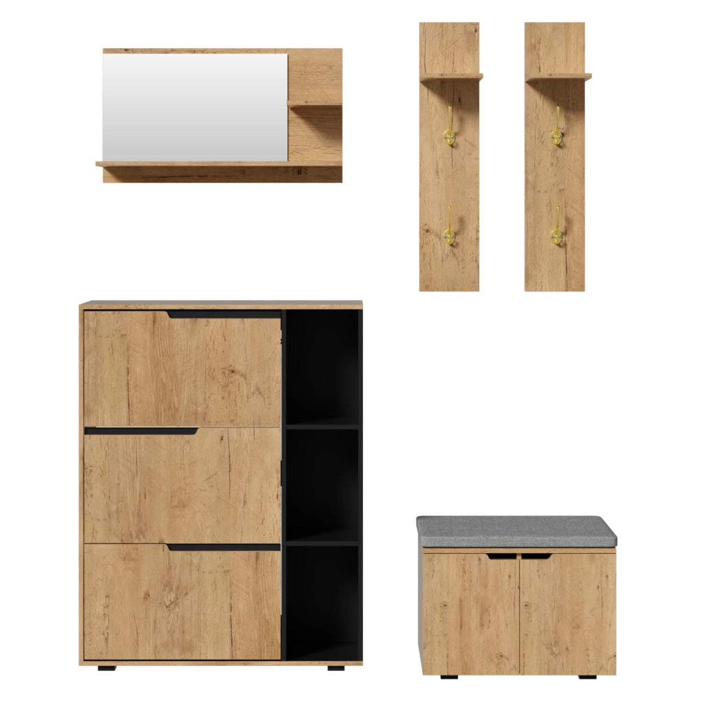 Set Appendiabiti con Specchio, Scarpiera e Panca Imbottita in Legno Nero 150x35x161,5 cm per Ingresso
