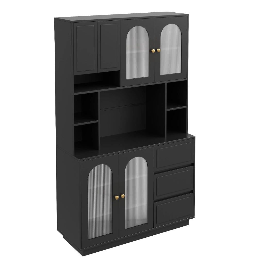 Credenza alta da cucina LED con 4 ante, 3 cassetti e ripiani regolabili, in MDF nero, 106 × 30 × 175 cm