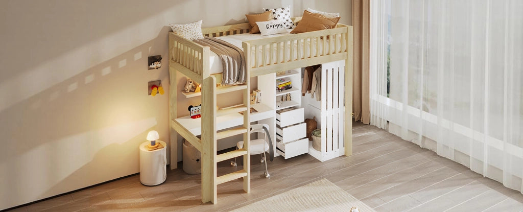 Letto a soppalco in legno di pino 90x200 cm con scrivania, armadio, 3 cassetti, scala e sponde, colore naturale