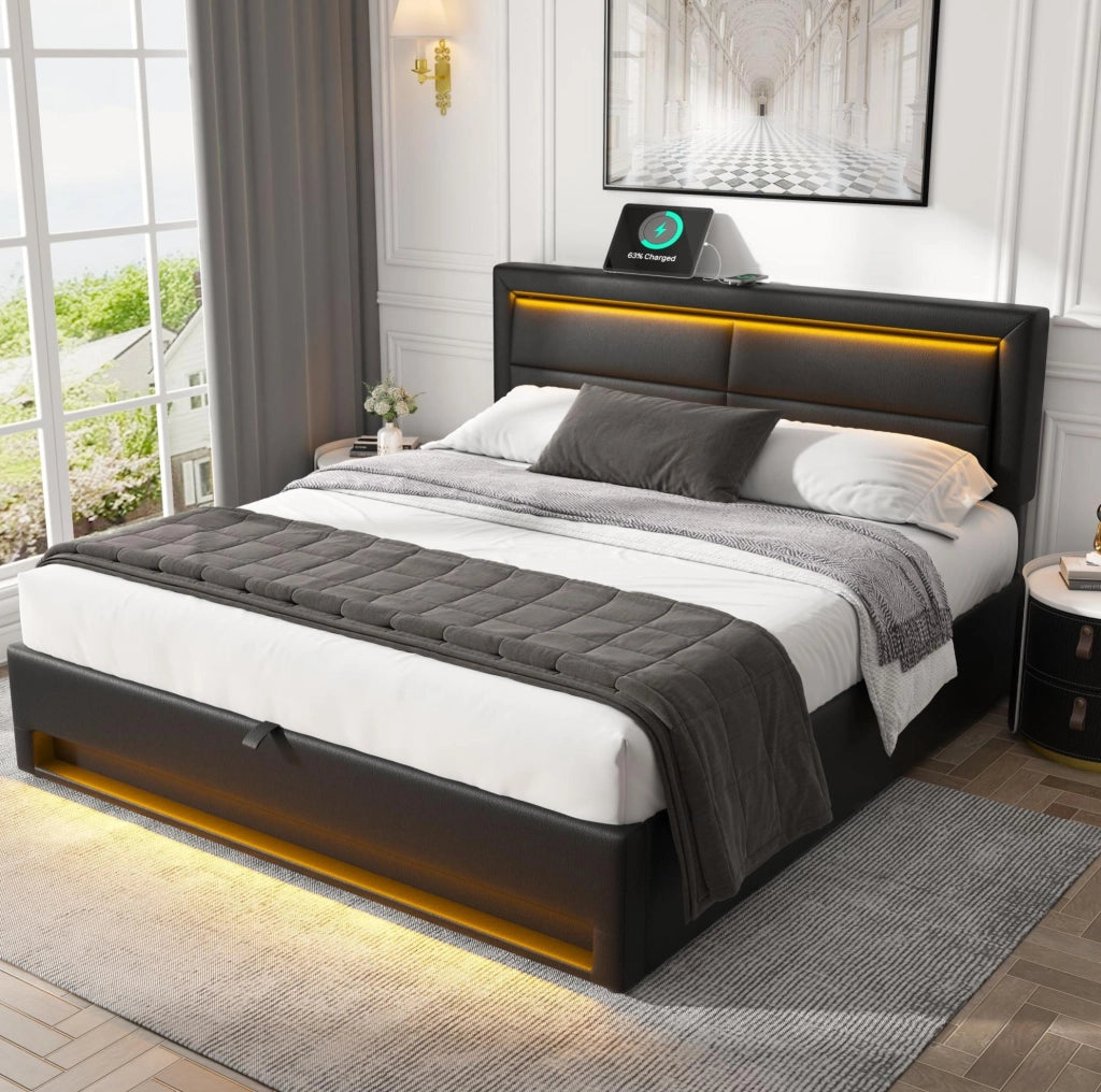 Letto imbottito 140x190 cm con USB; LED e vano contenitore; PU nero