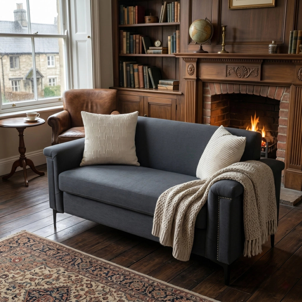 Divano 2 posti nordico in tessuto lino fine, struttura in legno massiccio e gambe in metallo nero 172×72×82 cm