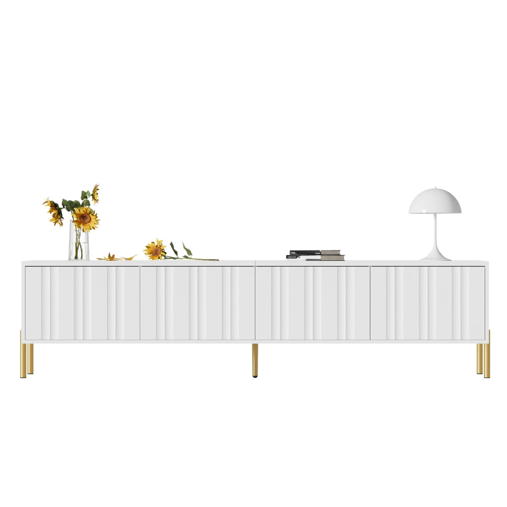 Mobile TV con quattro ante e otto ripiani in MDF e pannello truciolare bianco con gambe dorate 190 × 38 × 48 cm