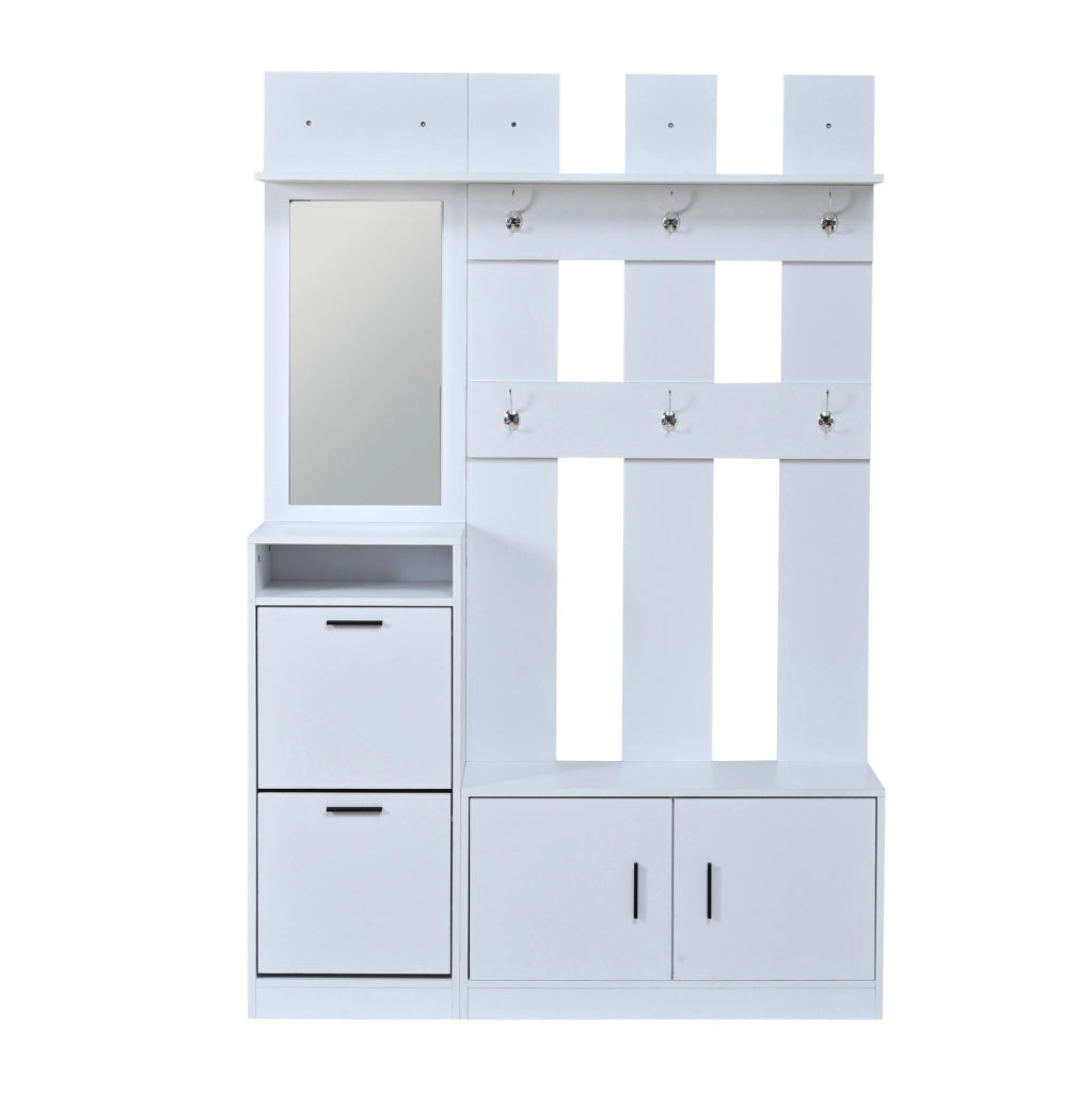Armadio ingresso bianco con specchio, appendiabiti, scarpiera ribaltabile e seduta 120x30x180 cm in MDF