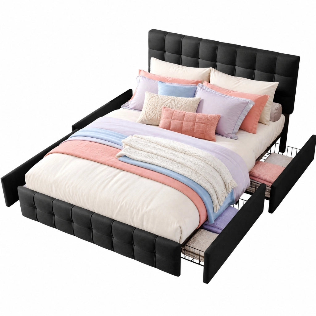 Letto matrimoniale 140x200 cm in lino nero con 4 cassetti e contenitore