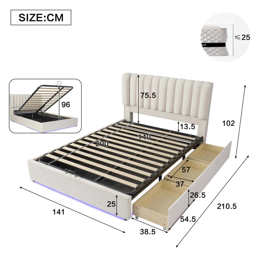 Letto contenitore per bambini 140x200 cm in velluto beige con 3 cassetti e LED HOMVRA