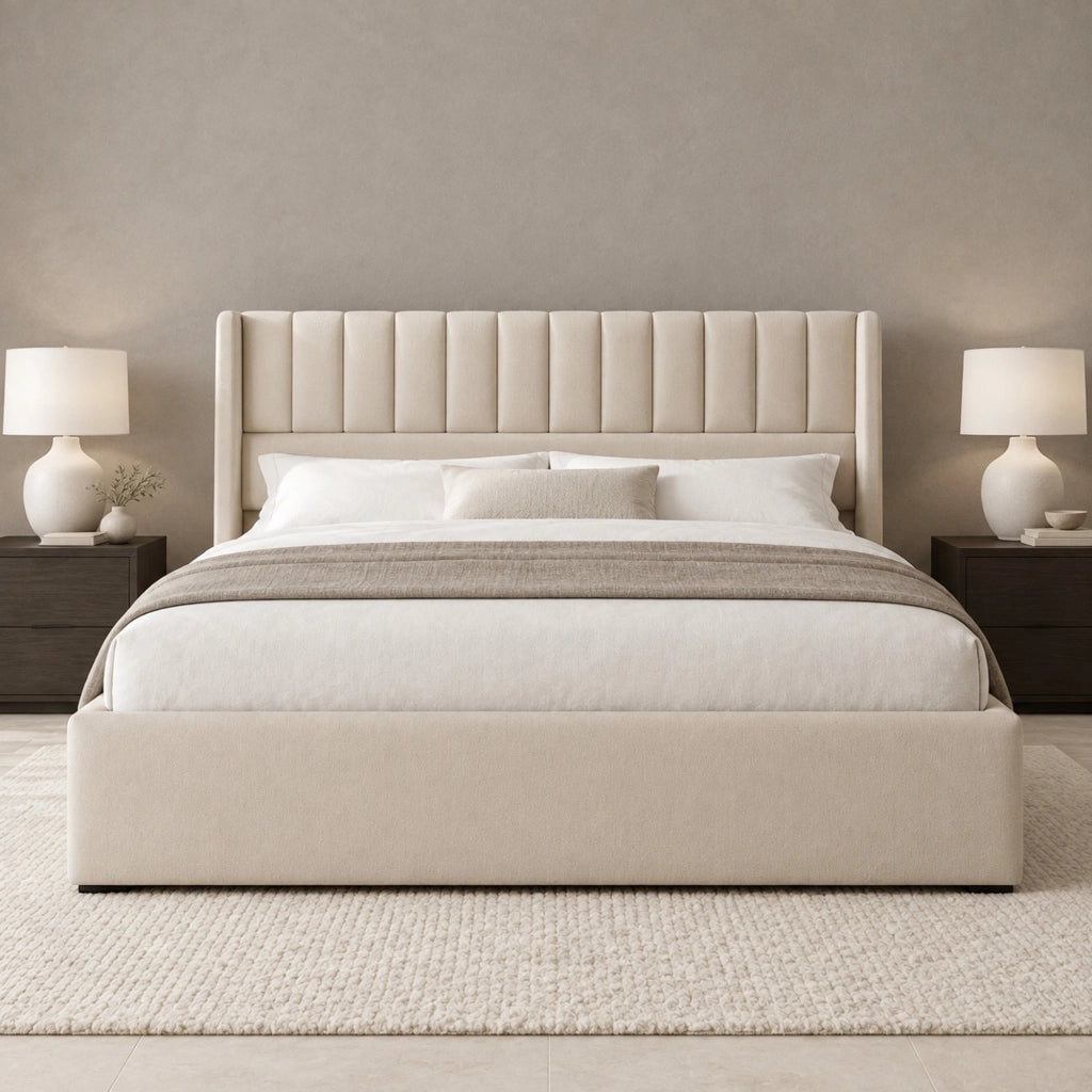 Letto matrimoniale imbottito con contenitore e sistema idraulico 160x200 cm, in lino beige