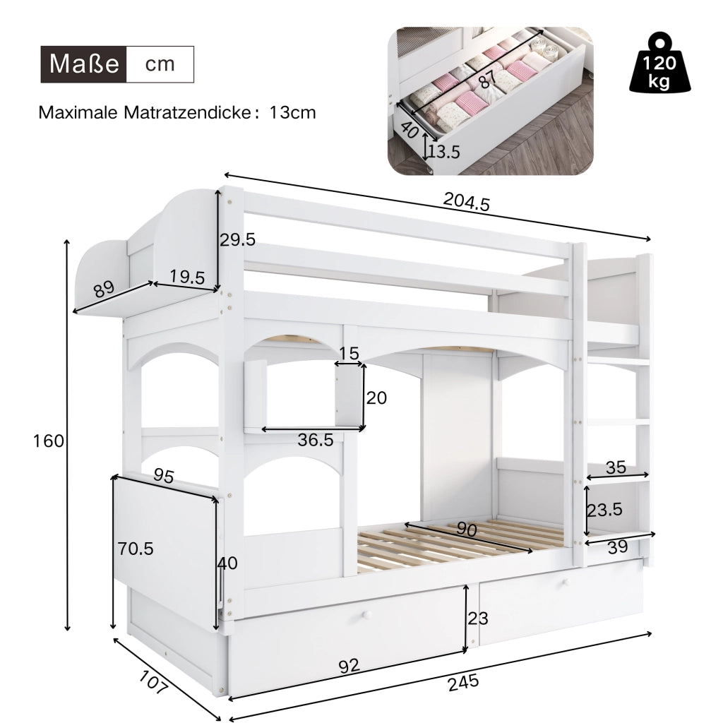 Letto a castello due posti letto 90 × 200 cm con scrivania pieghevole; ripiani; 2 cassetti e scala in legno bianco