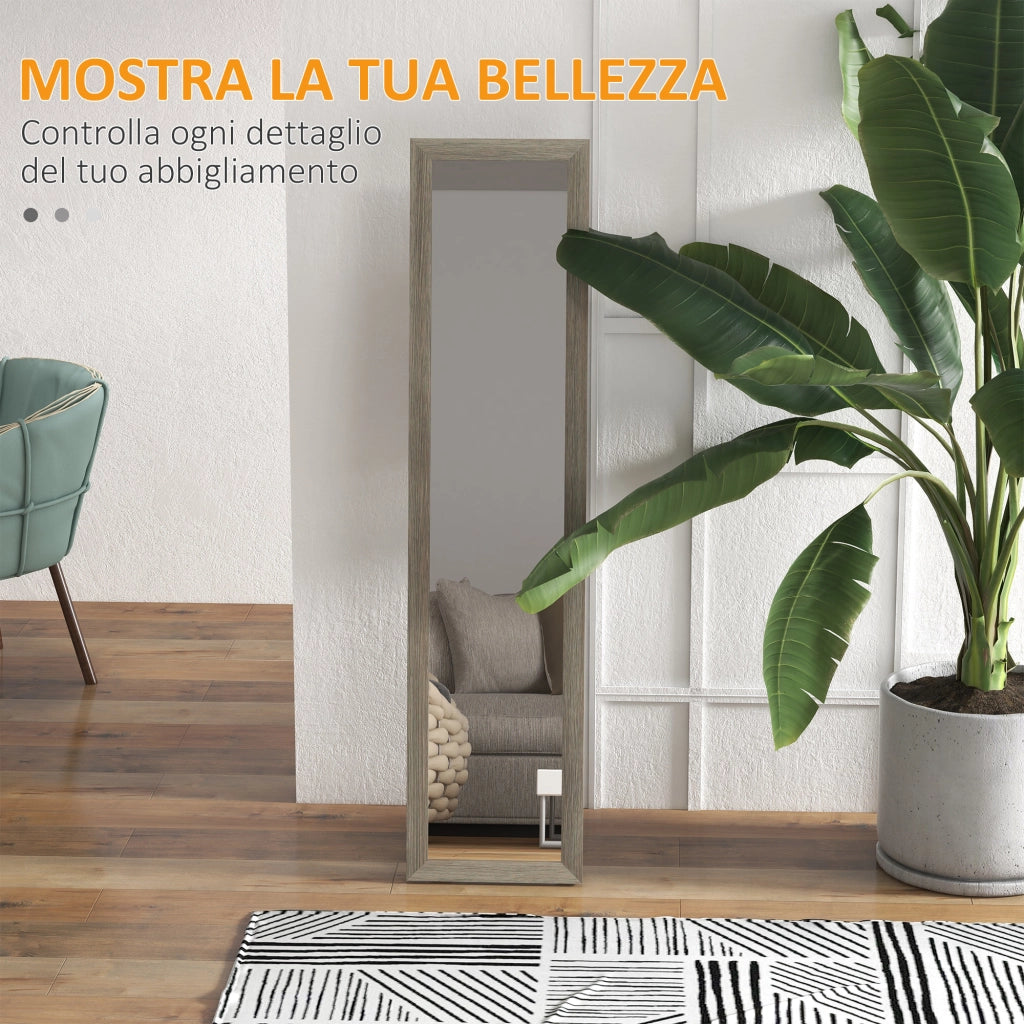 Specchio da Terra a Figura Intera con Cornice e Supporto, in Legno e Vetro, 37x40x155 cm, Grigio