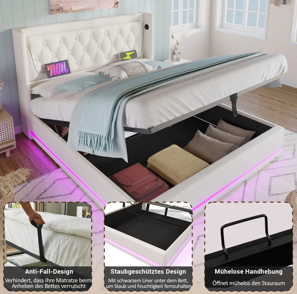 Letto matrimoniale imbottito 140x200 cm bianco in PU con contenitore idraulico, testiera con ricarica USB Tipo-C e illuminazione LED a 3 lati (senza materasso)