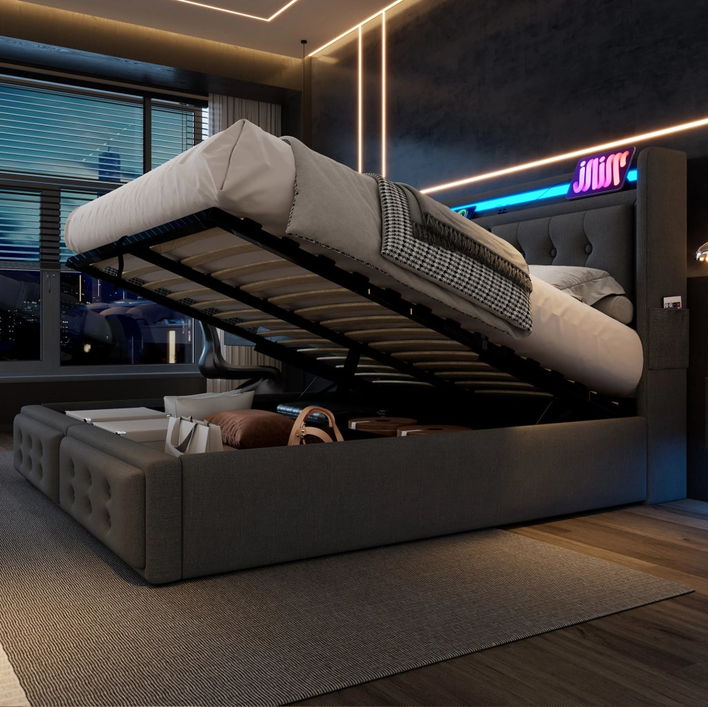 Letto matrimoniale 140x200 cm con contenitore idraulico; LED e prese USB-C; cotone-lino grigio