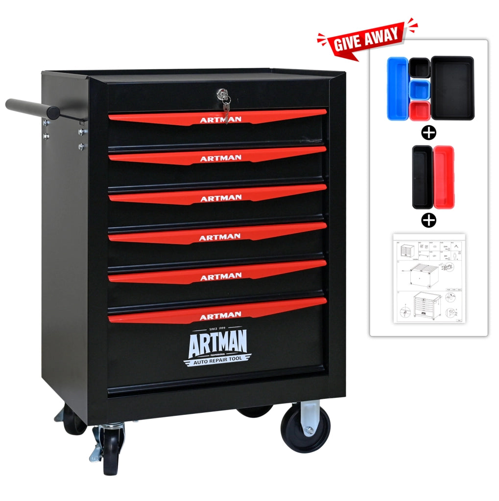 Carrello portattrezzi mobile in acciaio con 6 cassetti, dimensioni 60x33x77,5 cm, colore nero e rosso